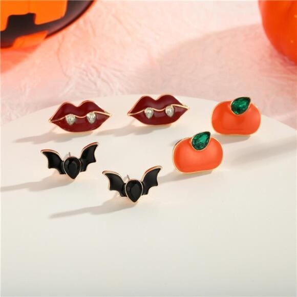 Lovely Halloween Stud Earrings Set | Pumpkin, Vampire Bat & Lip Designs. - Picture 2 of 6